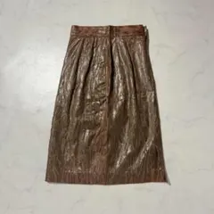 スカート フレア ミディ丈 ブラウン シワ加工 光沢 通勤 カジュアル 秋冬