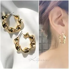 No.189 大ぶり✩.*˚ゴールド ねじりフープピアス 高見え