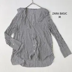 ザラベーシック ブラウス【M】ストライプ フリルスリーブ 黒×白 長袖のサムネイル