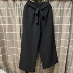 earth ワイドパンツ 黒 ブラック ウエストリボンベルト付き M L