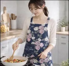 ラスト1点！エプロン 花柄 薔薇H型おしゃれ可愛い帆布素材料理 ポケット
