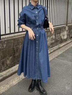 デニムブルー 長袖シャツワンピース　SHEIN