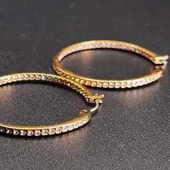 美品 スワロフスキー フープピアス ラインストーン ピンクゴールド 3.5cm