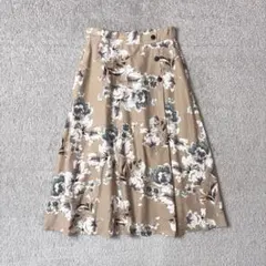 ビス　花柄　フレアスカート　ベージュ系　M ウエスト一部ゴム　ミモレ丈