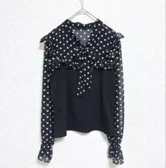 GRL グレイル シアードット柄 ボウタイフリルトップス 異素材ミックス M