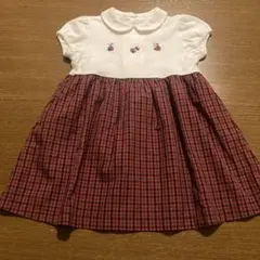 【90センチ】familiar ファミリア 刺繍入り 半袖ワンピース 赤チェック