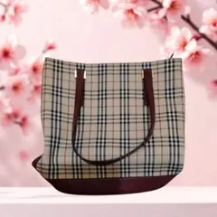 ベージュ系×ボルドー 　ノバチェック　トートバッグ　バーバリー　レディース