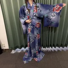 綿100% 浴衣 帯セット薄紺色 大花柄 椿