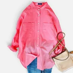 SHIPS バンドカラー シャツ ピンク ゆったり