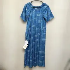 昭和レトロ半袖ロングワンピース　ブルー系花柄　フリーサイズ