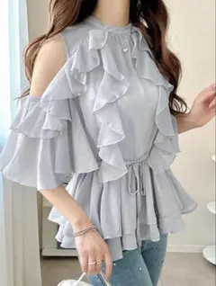 GRL オープンショルダーフリルシフォンチュニック