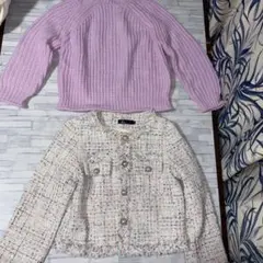 ツイード柄　ジャケット ピンクセーターとツイードジャケットセット