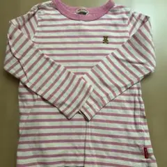 ミキハウス長袖カットソー ピンクと白のストライプ クマ刺繍