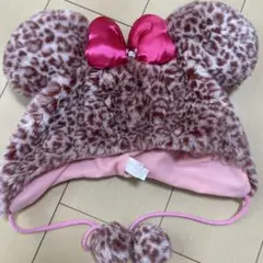 ディズニー　ミニー型ヒョウ柄帽子　ピンク