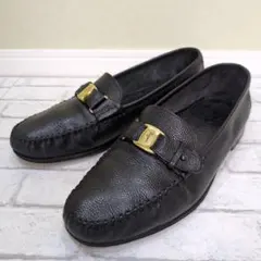 美品　Ferragamo　フェラガモ　シボ革　ローファー　ヴァラ　ゴールド