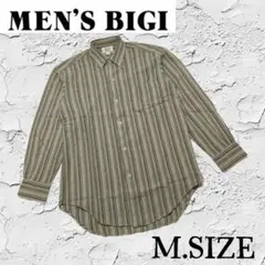 v15【MEN'S BIGI】 長袖ストライプシャツ ブラウン系 Mサイズのサムネイル