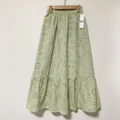 GU コットンレースティアードロングスカート　グリーン　S
