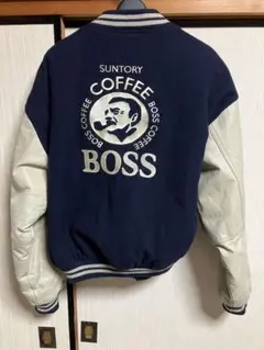 90s SUNTORY BOSS ボスジャン　袖革スタジャン ネイビー/ベージュ