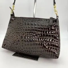 く*お様 新品 クロコ型押 高級 ハンドバッグ セミショルダー ブラウン 光沢レ