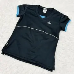 adidas アディダス Vネック スポーツTシャツ黒 水色ポリエステル100%