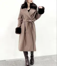 ファー付き ロングコート ベルト付き ブラウン