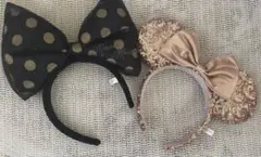 ミニーマウス デカリボン ブラック&スパンコール シャンパンピンク カチューシャ