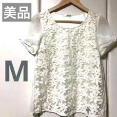 レディース　シフォンブラウス☆レースシャツ★カットソー☆袖リボン　Mサイズ