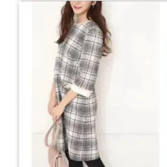 【タグ付】 アプワイザーリッシェ ツイードパールワンピース 7分袖 S チェック