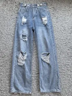 ダメージ加工ハイウエストデニムパンツのサムネイル