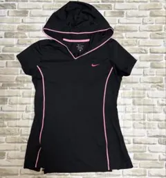NIKE DRI-FIT フード付 半袖 L 黒×ピンク　レディース　ランニング