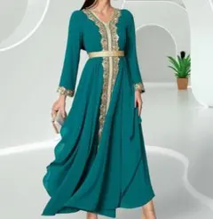 【新品】ゴールド刺繍 カフタン風ロングドレス★エレガント／フォーマルにも◎