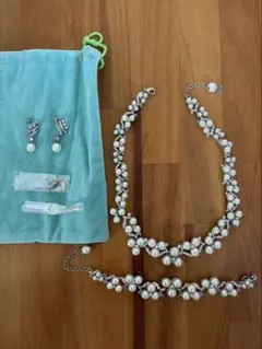 美品★パール＆ビジュー ネックレス・ブレスレット・ピアス 3点セット 結婚式