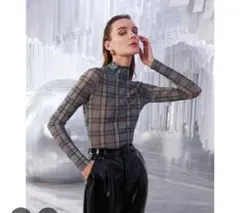SHEIN チェック柄 ハイネック　シアー