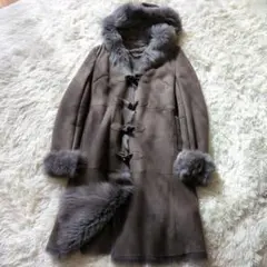 極美品　ムートンロングコート　フード付　ひざ丈　リアルファー　グレー　Mサイズ
