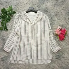 【a.v.v standard】 ストライプ 7分袖シャツ (L) 白 Vネック