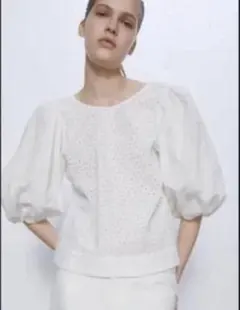 ZARA ザラ　コットン刺繍レース　バルーンスリーブ　ブラウス