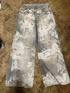 SHEIN デニム風　宝飾プリント　ワイドレッグ　パンツ　サイズ30