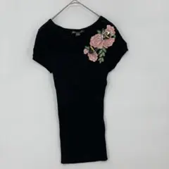 INC ブラック 半袖 フラワー刺繍トップス S