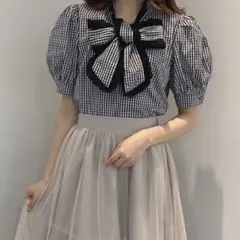 evelyn コットン リボン レースブラウス ギンガムチェック ブラック 美品