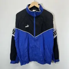 PUMA プーマ ナイロンジャケットブルー ブラック 切替 袖ロゴ 90s 古着