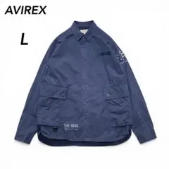 AVIREXミリタリーワークシャツ切替ジャケット　ネイビー　ステンシルLリネン混のサムネイル