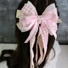 大きめヘアバレッタ♡ピンク ツイード風リボン レース ロングリボン 量産型地雷系