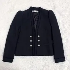 美品　ZARA ノーカラージャケット ツイード ブラック ビジューボタン