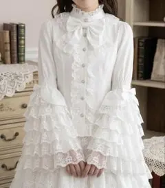 新品　姫系 姫袖 ラッフルフリル ブラウス 白 リボン 地雷 量産型 ロリータ