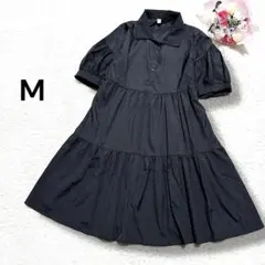 ティアードフリル　ぽわん袖　5分袖　シャツチュニックワンピース　黒　シンプル　M