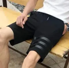 メンズ ハーフパンツ ショートパンツ スポーツ 黒 ライン柄 膝丈 カジュアルのサムネイル