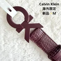 海外限定 人気Ｍ✨新品 カルバンクライン CKロゴバックル型押しベルト ボルドー