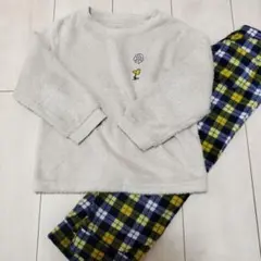 ユニクロ　スヌーピー刺繍 ベージュフリースパジャマ チェックパンツ