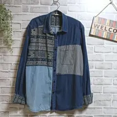 アミナコレクション デニムシャツ パッチワーク インド綿 美品 着回し抜群 Lのサムネイル