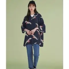 【限定】オーバーサイズ　ブラック　レディース　メンズ　半袖シャツ　柄シャツ　鶴